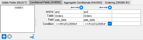 The data entered under the WHERE tab. The first column checks for sale dates that are greater than or equal to january first 2006. The second column checks for sale dates less than or equal to december 31st 2006.